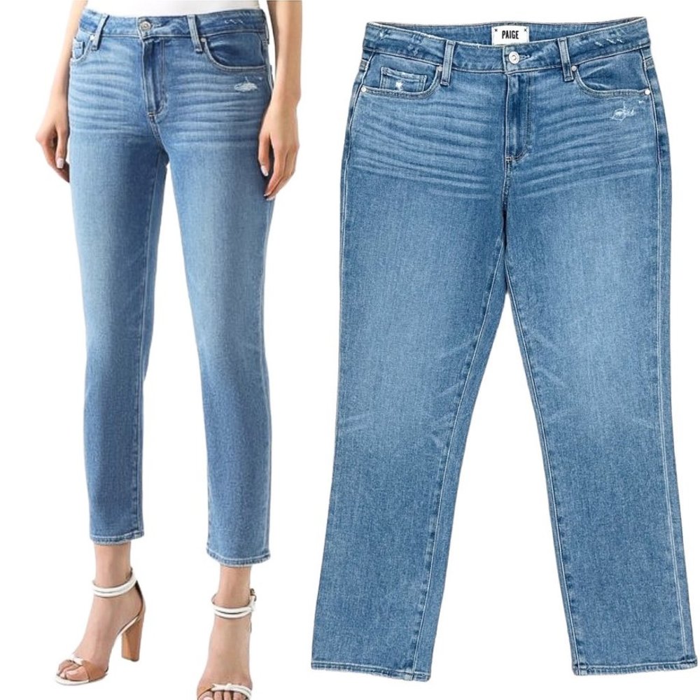 Paige Brigitte Slim Boyfriend Jeans in Folk Distressed Denim Blue Women’s Sz 27